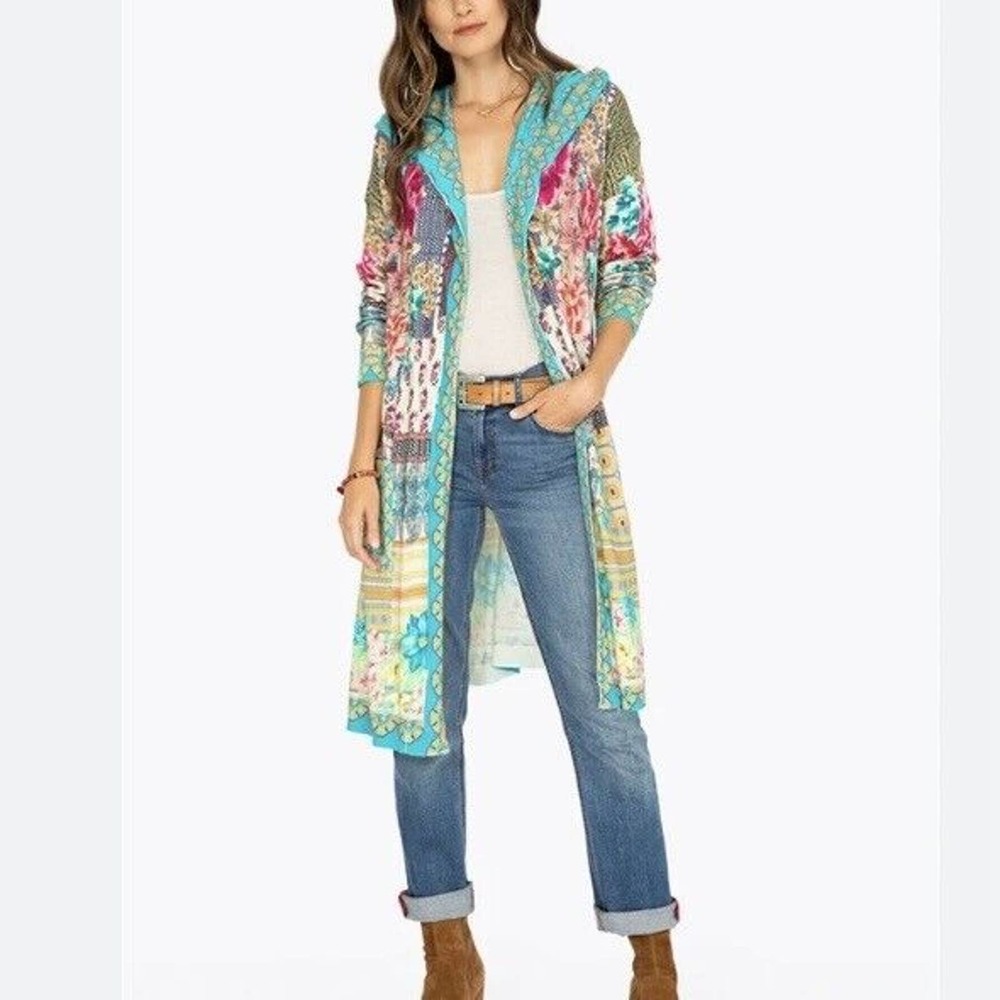 Johnny Was Multicolor Floral Patchwork Hooded Cardigan - Turquoise, Pink, Yellow